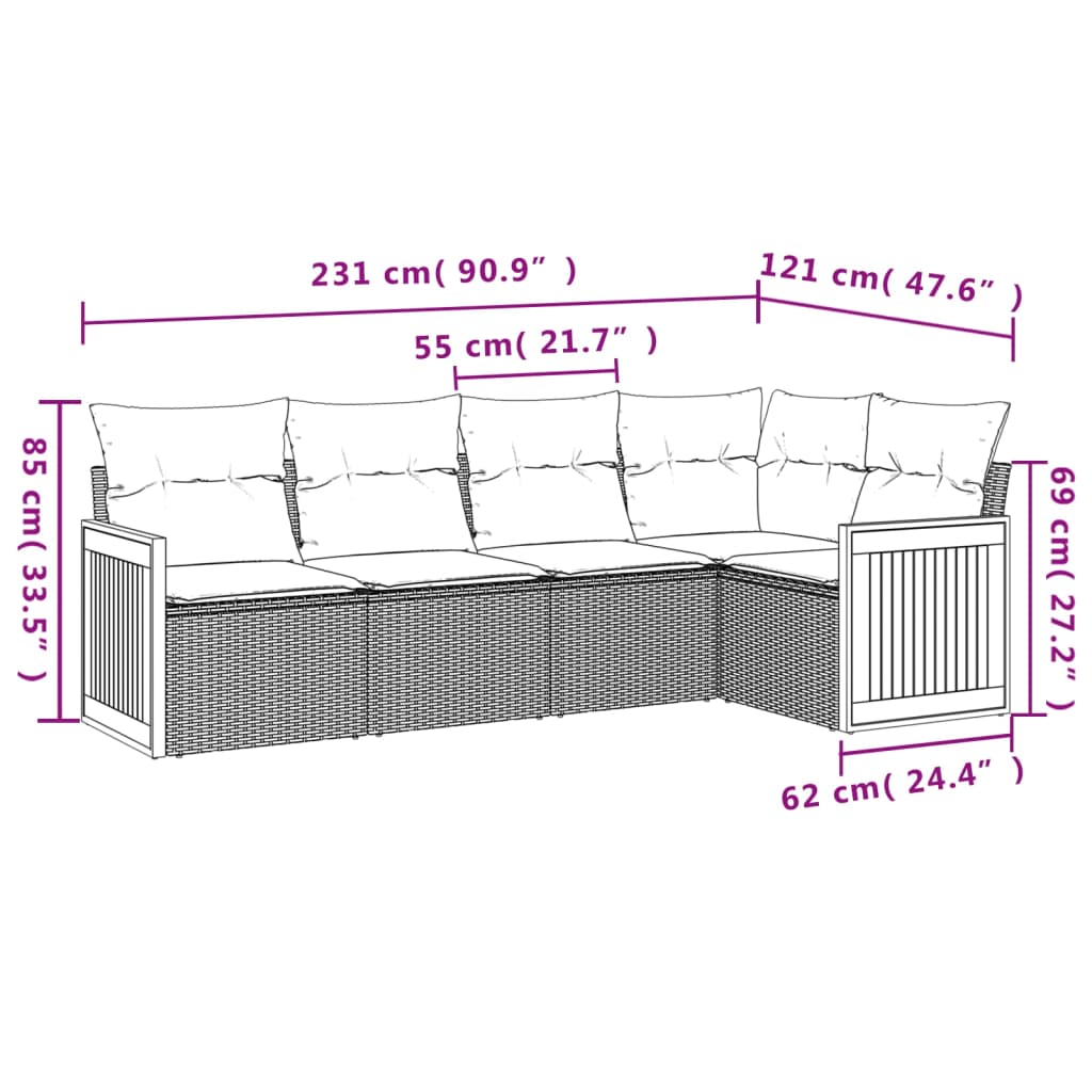 Set mobilier de grădină cu perne, 5 piese, negru, poliratan