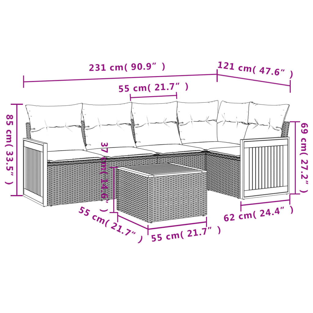 Set mobilier de grădină cu perne, 6 piese, negru, poliratan