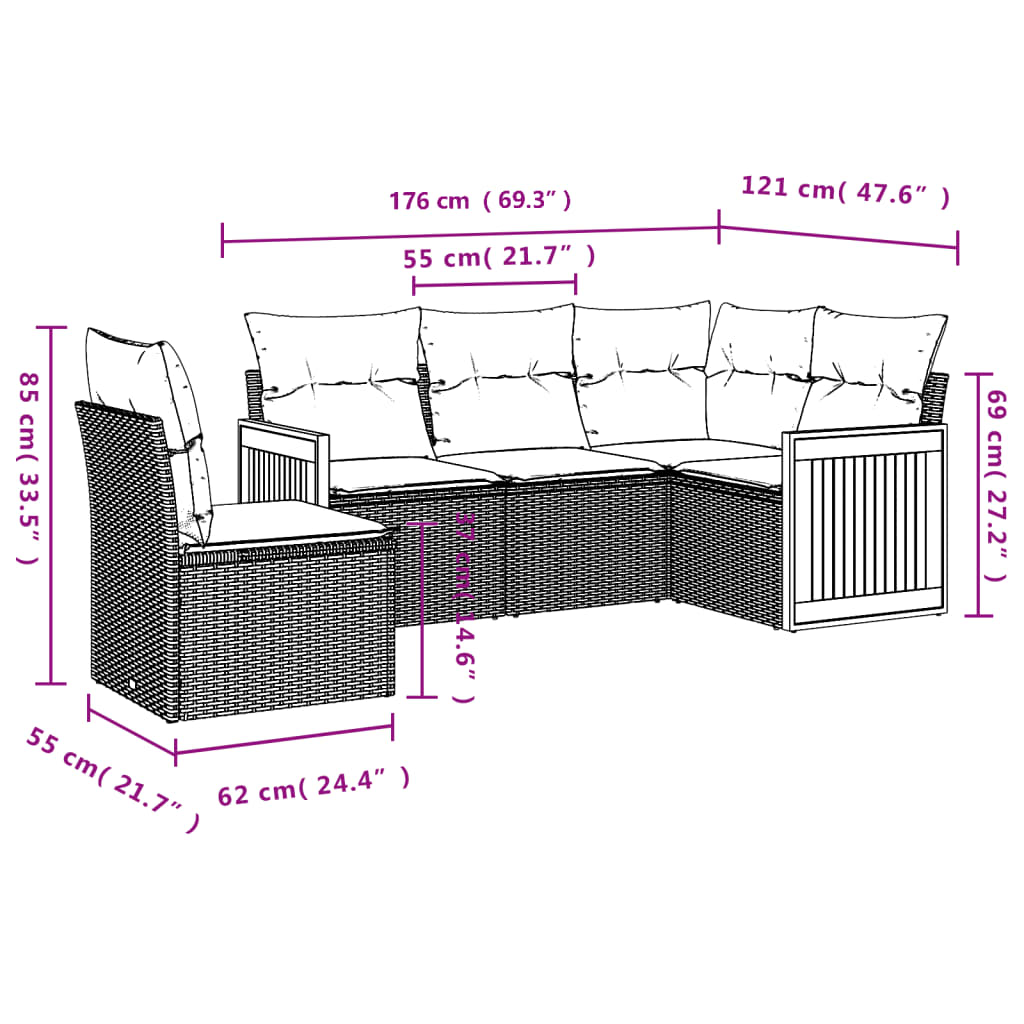 Set mobilier de grădină cu perne, 5 piese, negru, poliratan