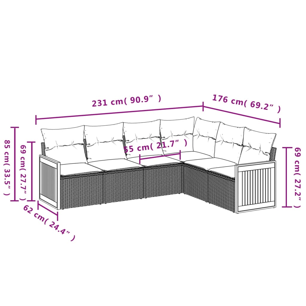 Set mobilier de grădină cu perne, 6 piese, negru, poliratan