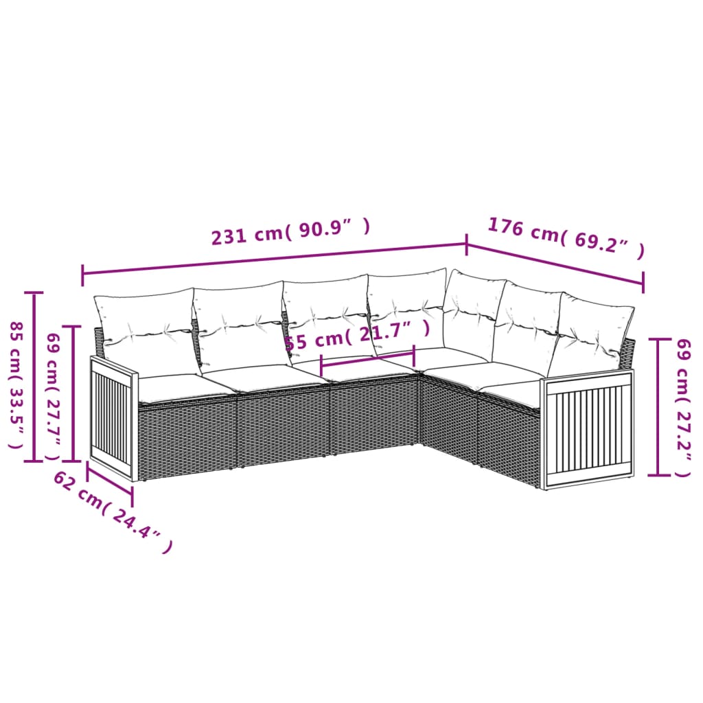 Set mobilier grădină cu perne, 6 piese, gri, poliratan