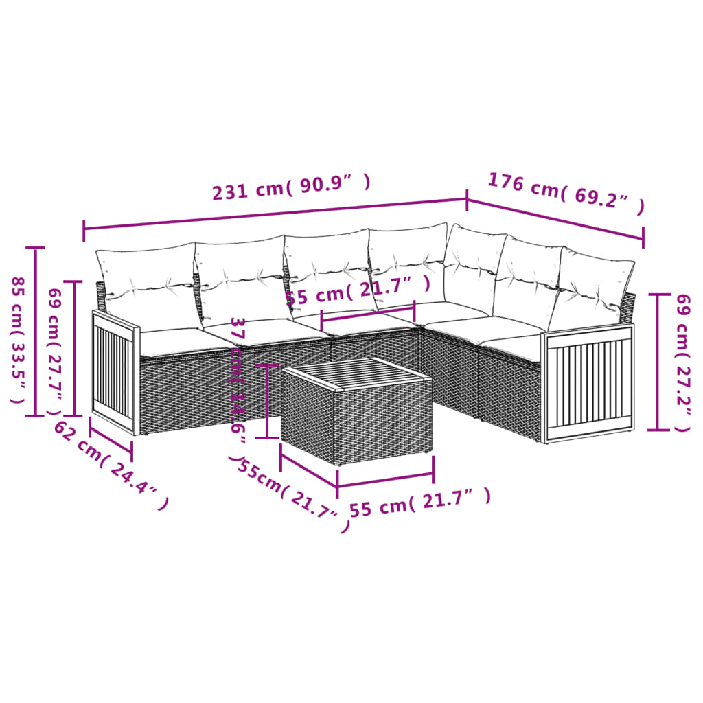 Set canapele de grădină cu perne, 7 piese, negru, poliratan