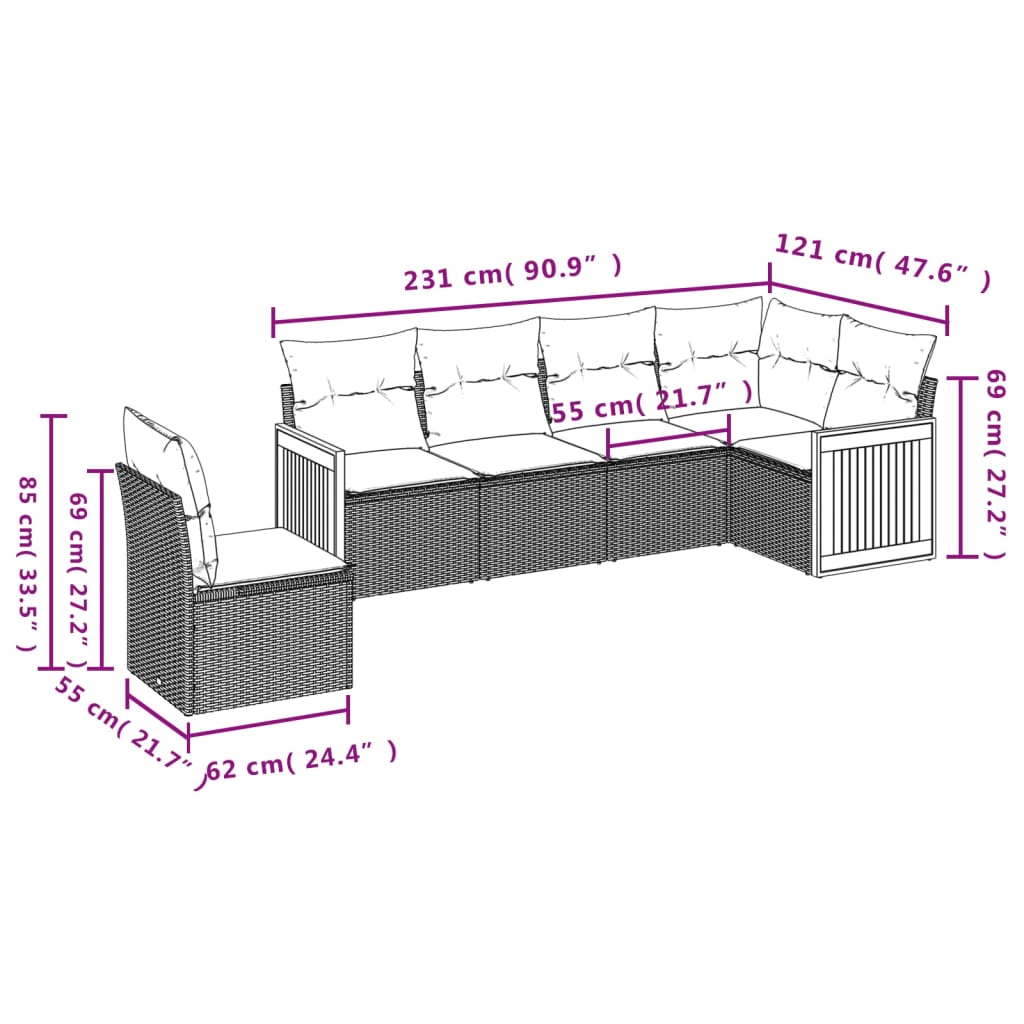 Set mobilier de grădină cu perne, 6 piese, negru, poliratan