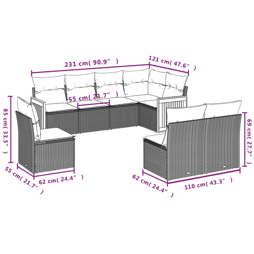 Set canapele de grădină cu perne, 8 piese, gri, poliratan