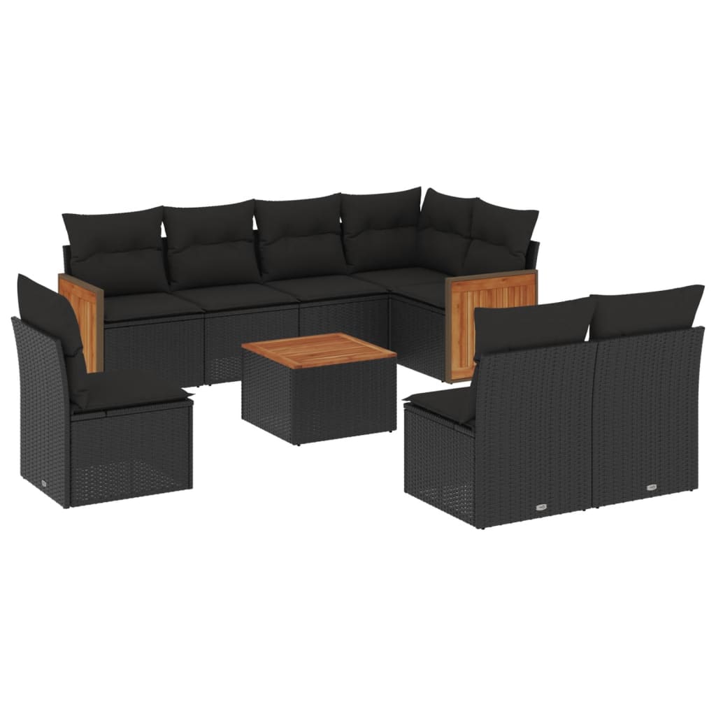 Set mobilier de grădină cu perne, 9 piese, negru, poliratan