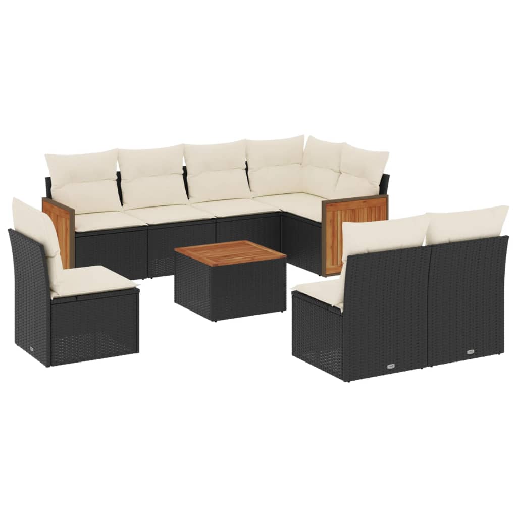 Set mobilier de grădină cu perne, 9 piese, negru, poliratan