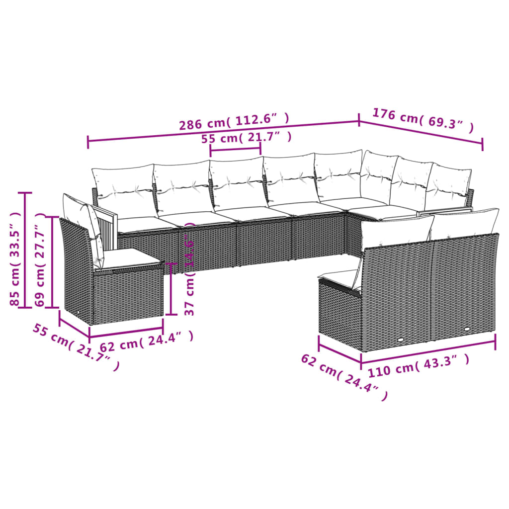 Set mobilier de grădină cu perne, 10 piese, gri, poliratan