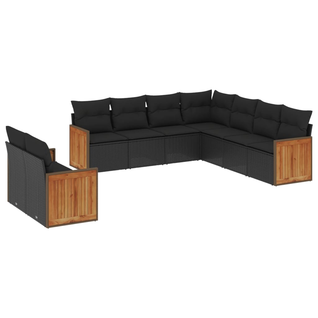 Set mobilier de grădină cu perne, 9 piese, negru, poliratan