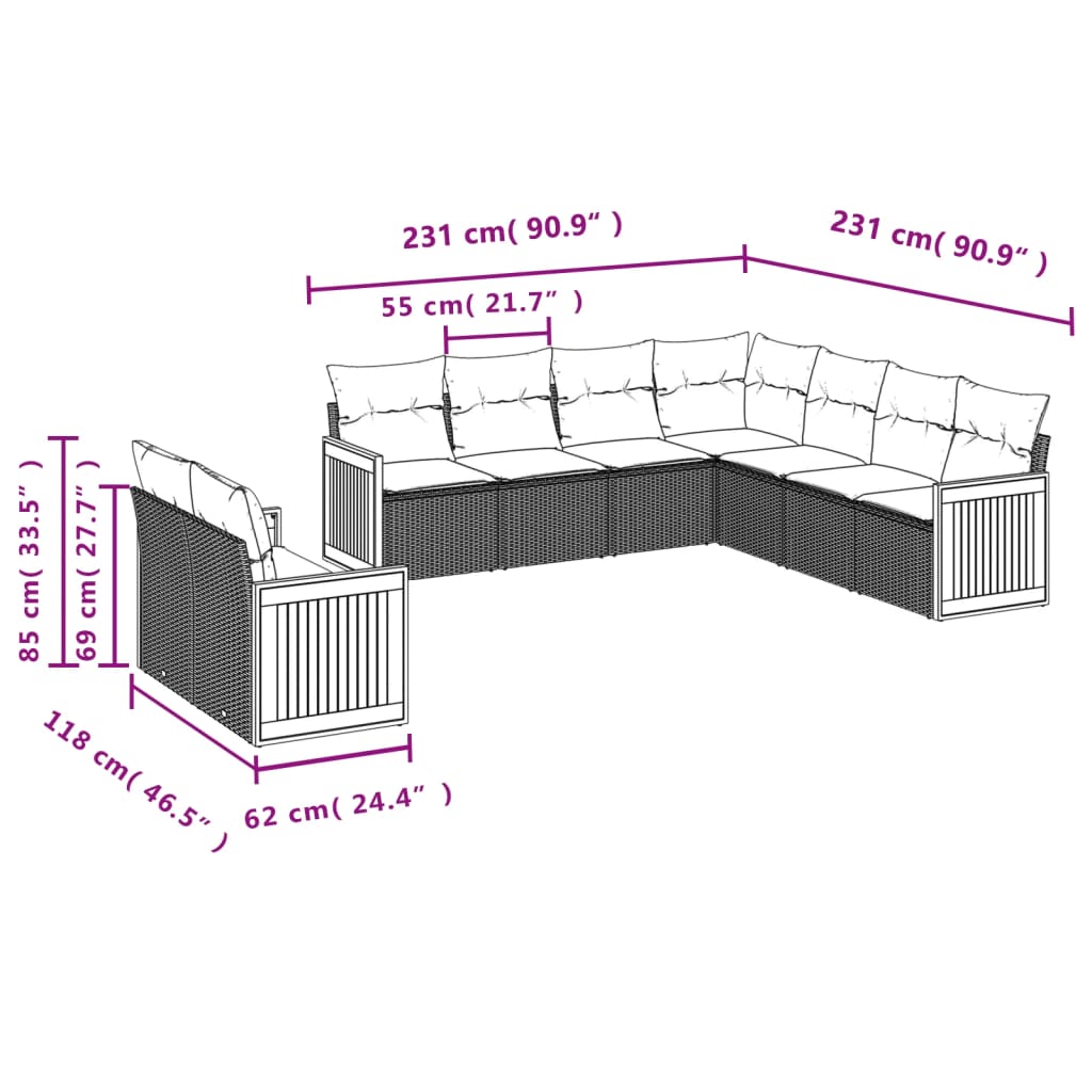 Set canapele de grădină, 9 piese, cu perne, gri, poliratan