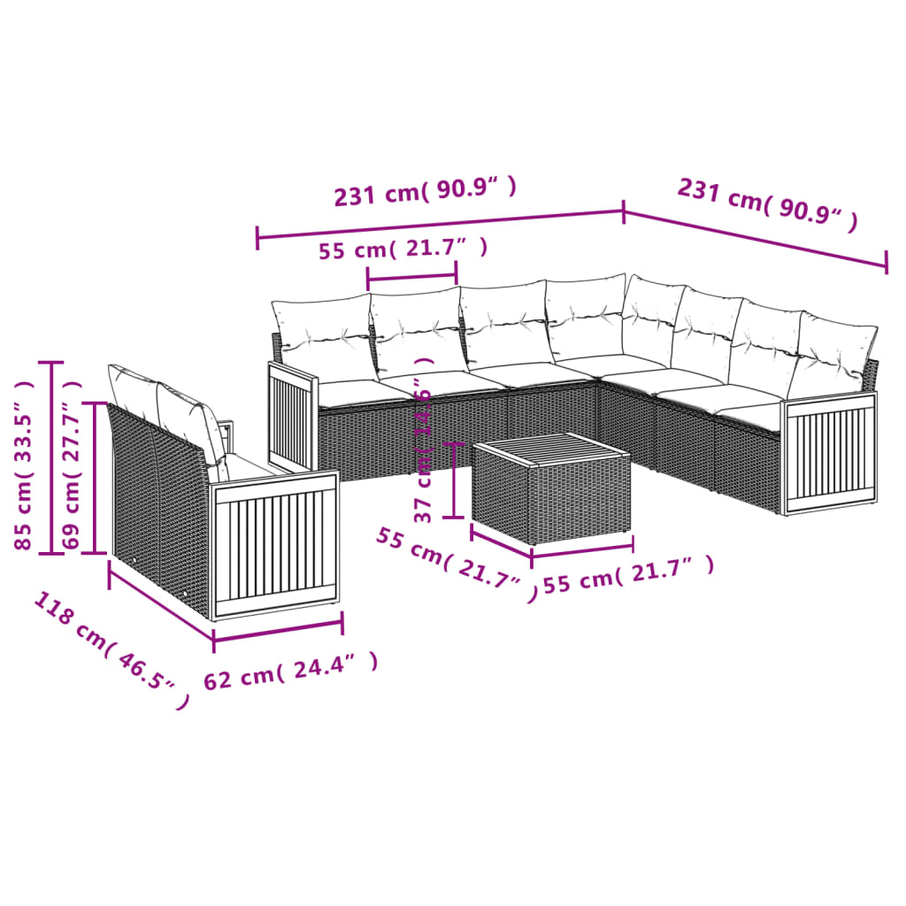 Set canapele de grădină cu perne, 10 piese, negru, poliratan