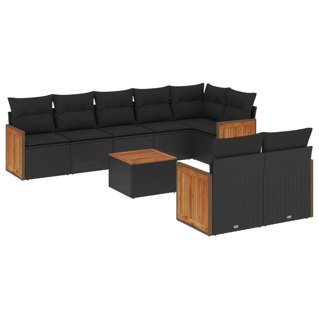 Set mobilier de grădină cu perne, 9 piese, negru, poliratan