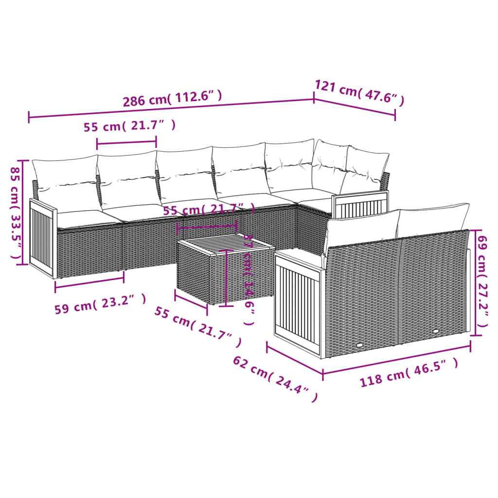 Set mobilier de grădină cu perne, 9 piese, negru, poliratan