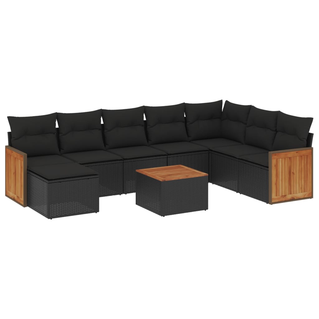 Set mobilier de grădină cu perne, 9 piese, negru, poliratan