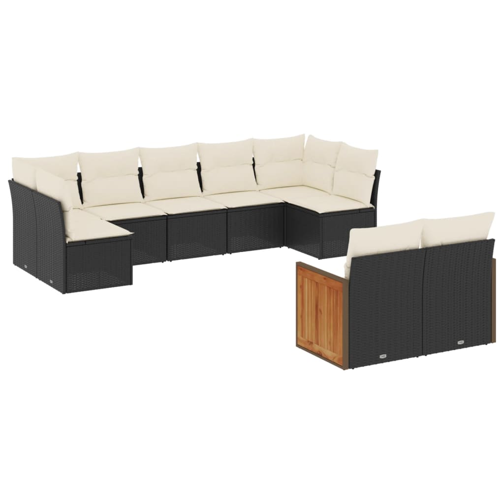 Set mobilier de grădină cu perne, 9 piese, negru, poliratan