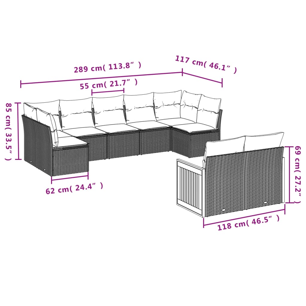 Set mobilier de grădină cu perne, 9 piese, negru, poliratan