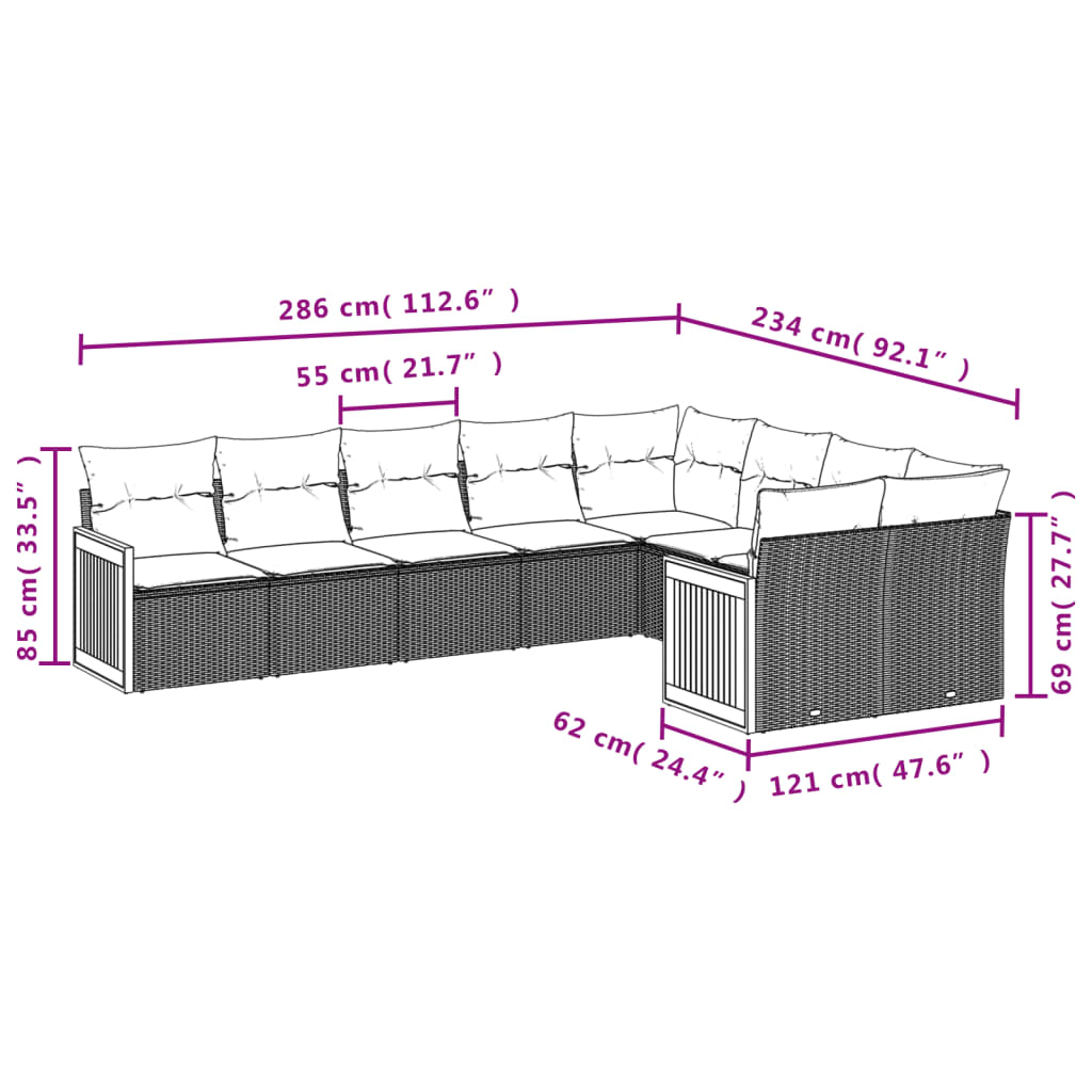 Set mobilier de grădină cu perne, 9 piese, negru, poliratan - Lando