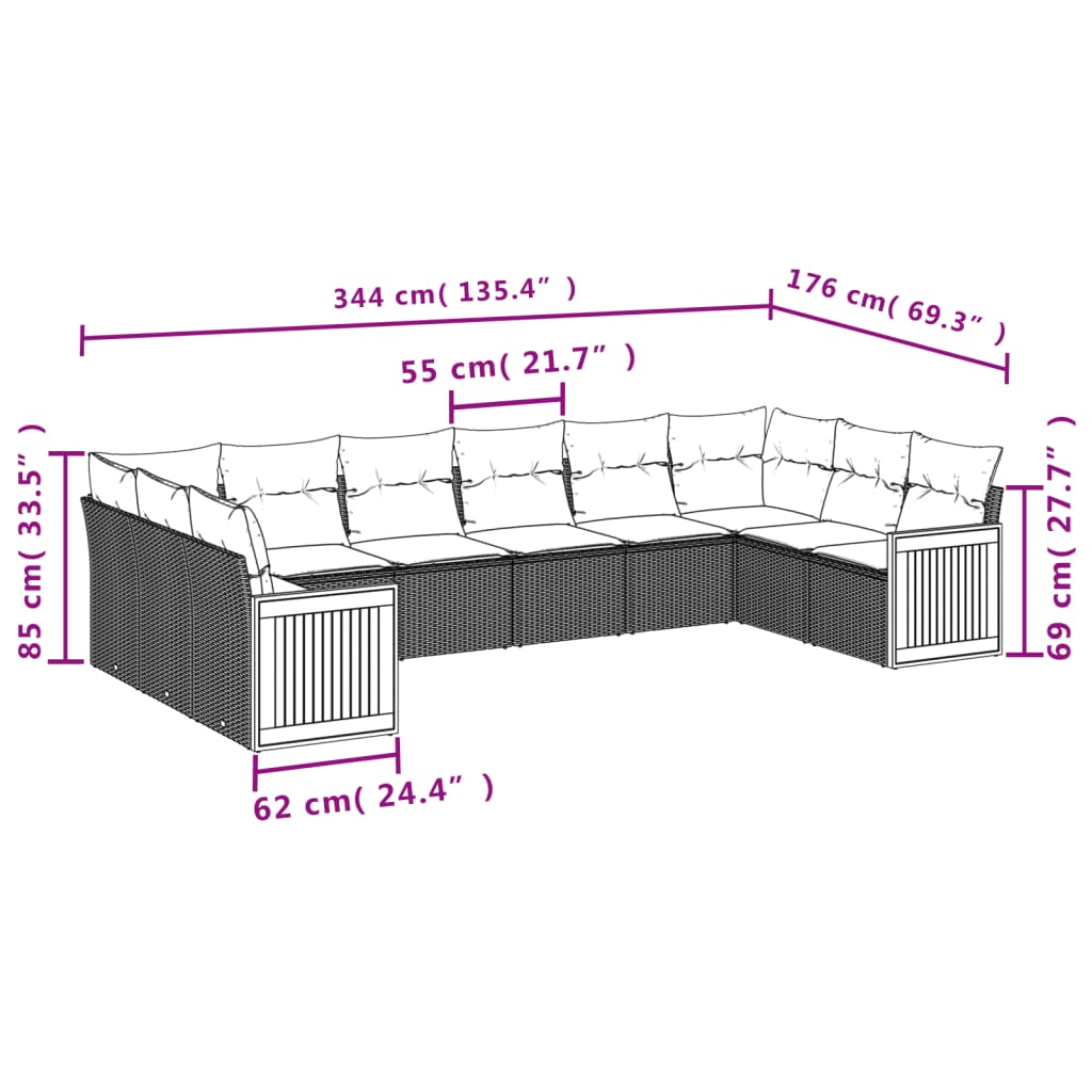 Set canapele de grădină cu perne, 10 piese, negru, poliratan