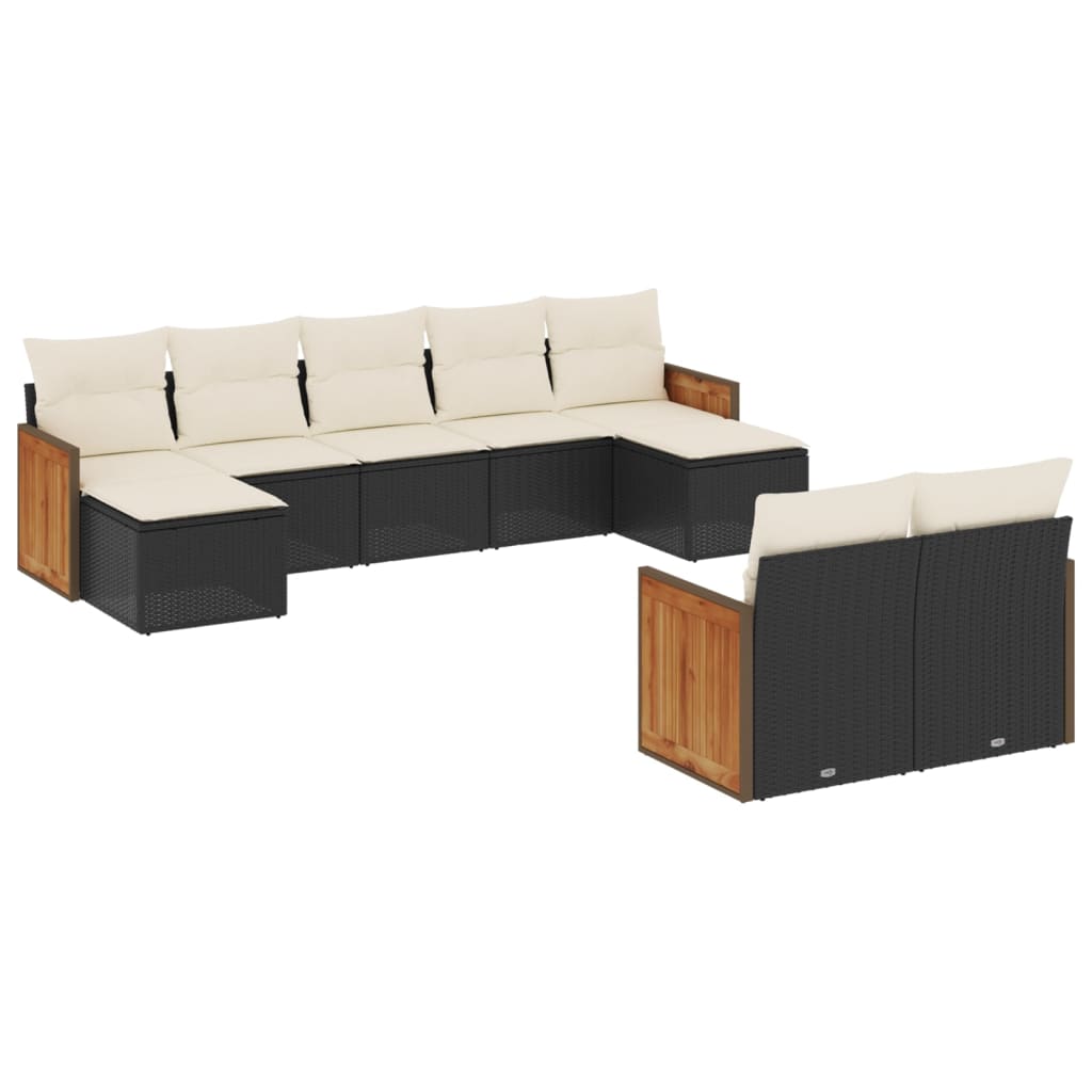 Set mobilier de grădină cu perne, 9 piese, negru, poliratan