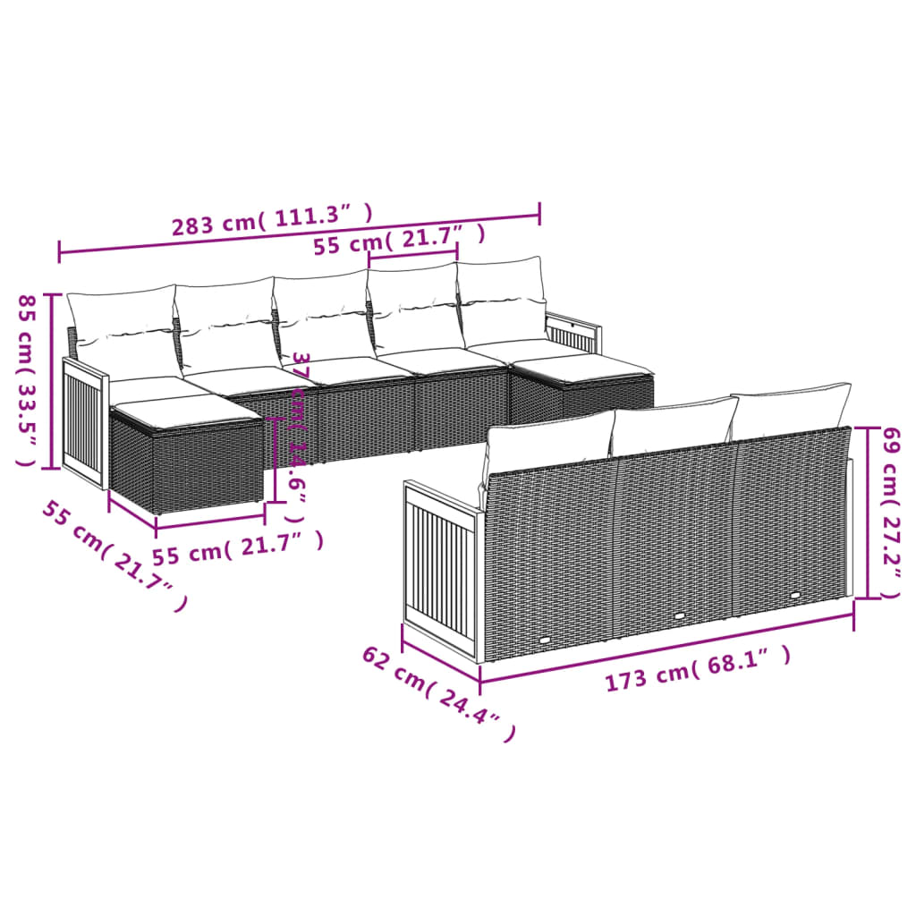 Set mobilier de grădină cu perne, 10 piese, gri, poliratan