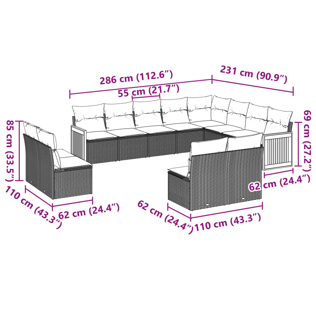 Set canapele de grădină, 12 piese, cu perne, negru, poliratan