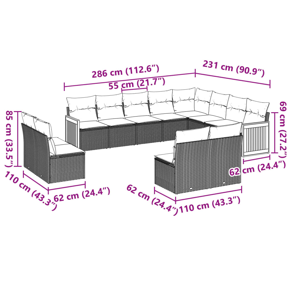 Set canapele de grădină cu perne, 12 piese, bej, poliratan