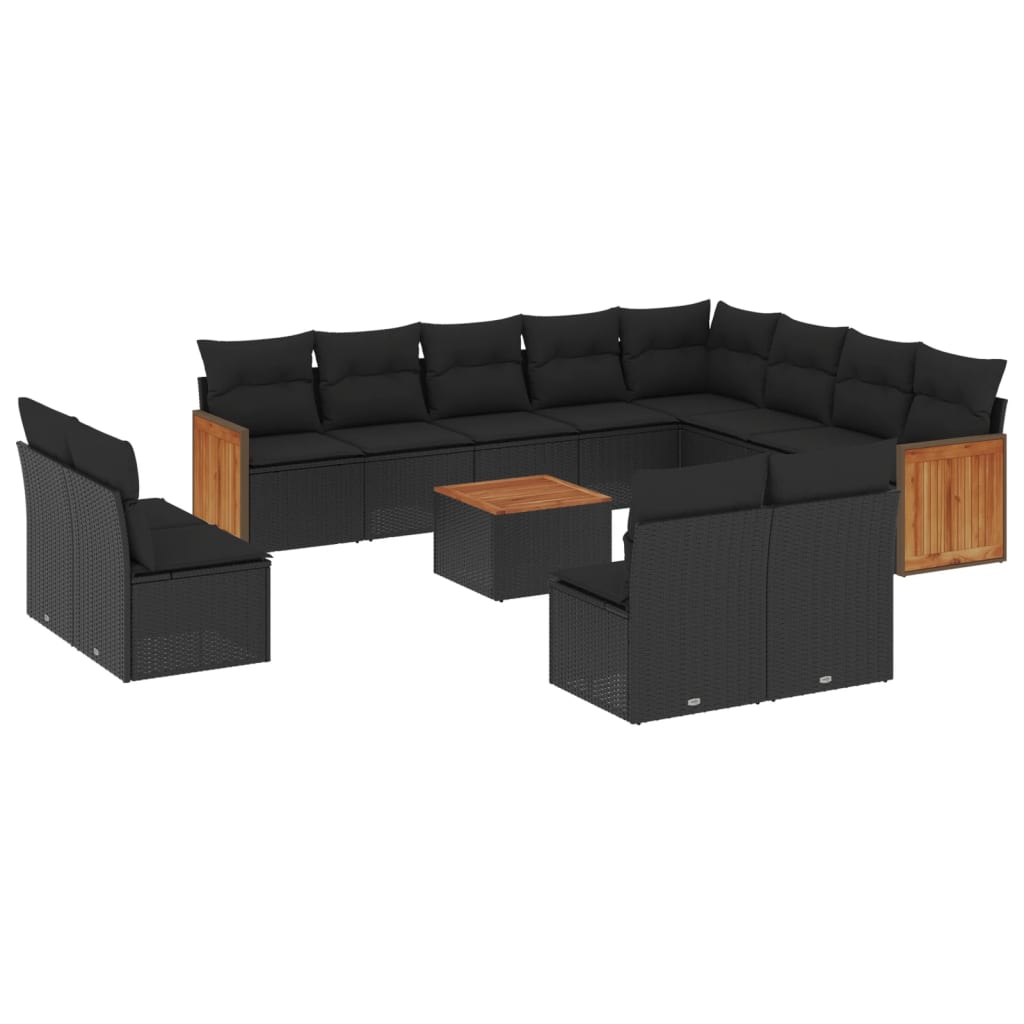 Set mobilier de grădină cu perne, 13 piese, negru, poliratan