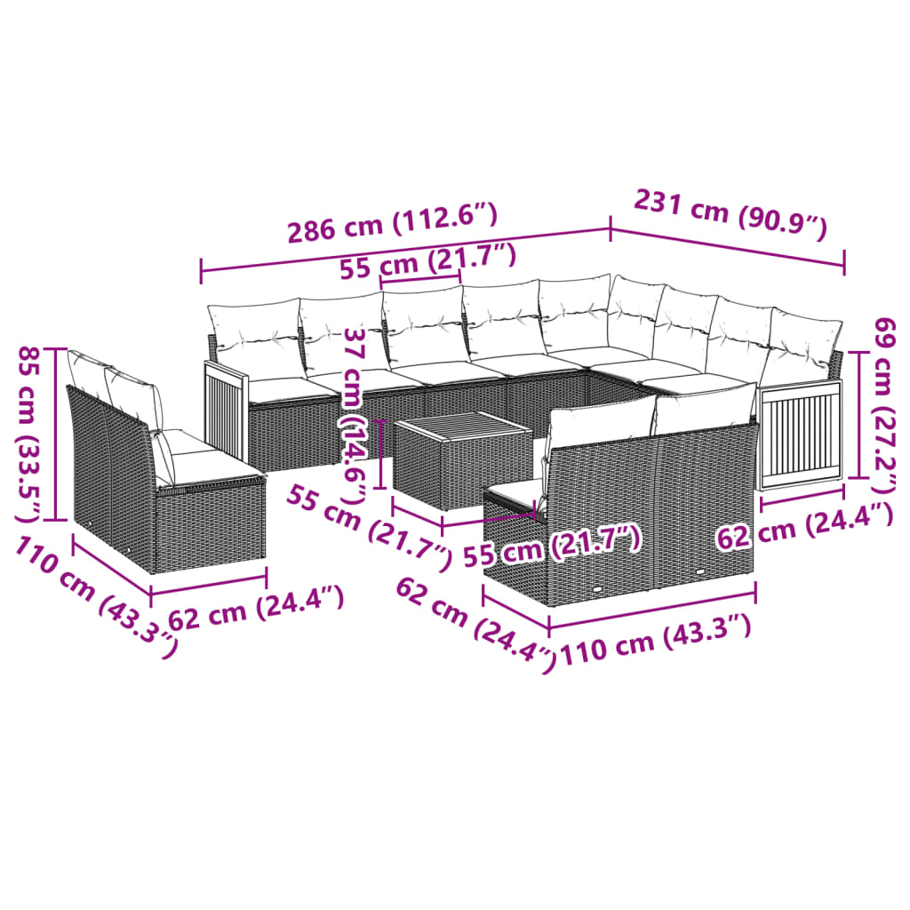 Set mobilier de grădină cu perne, 13 piese, negru, poliratan