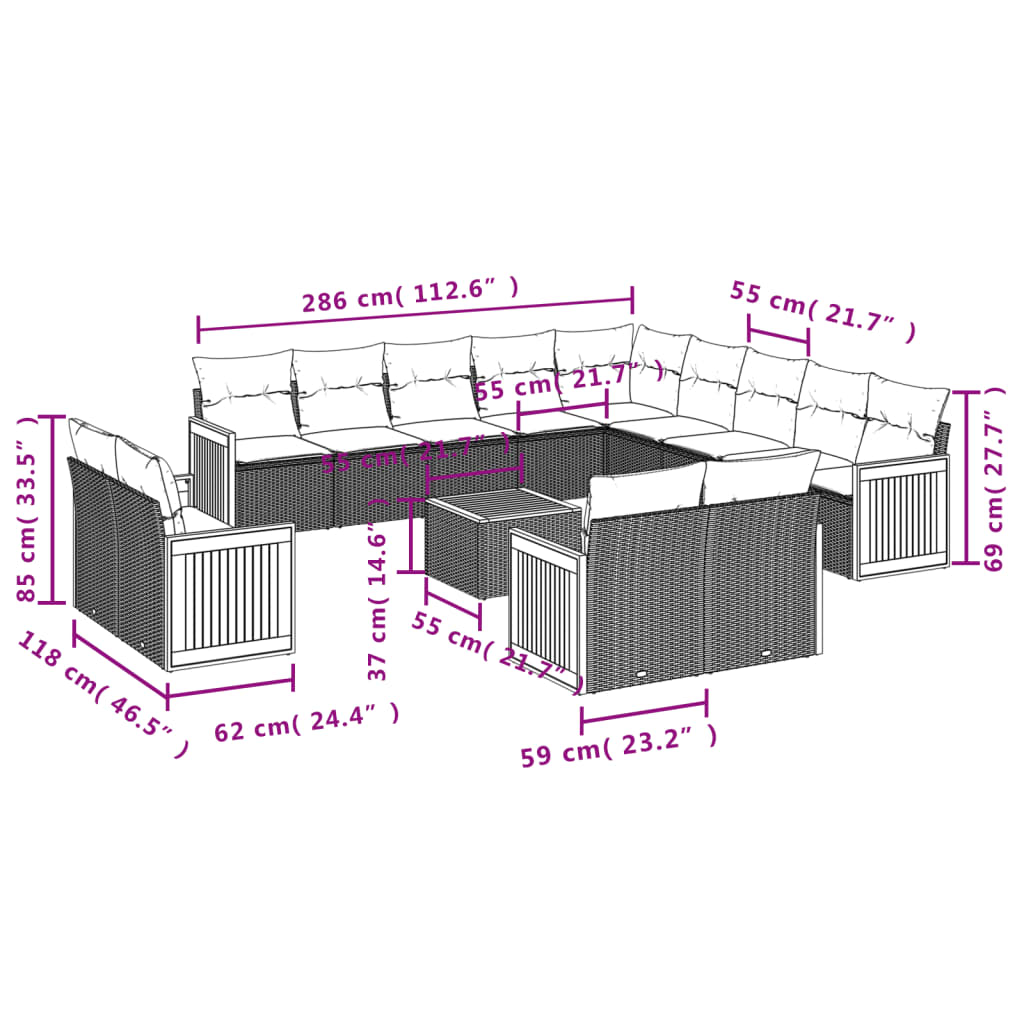 Set mobilier de grădină cu perne, 14 piese, gri, poliratan