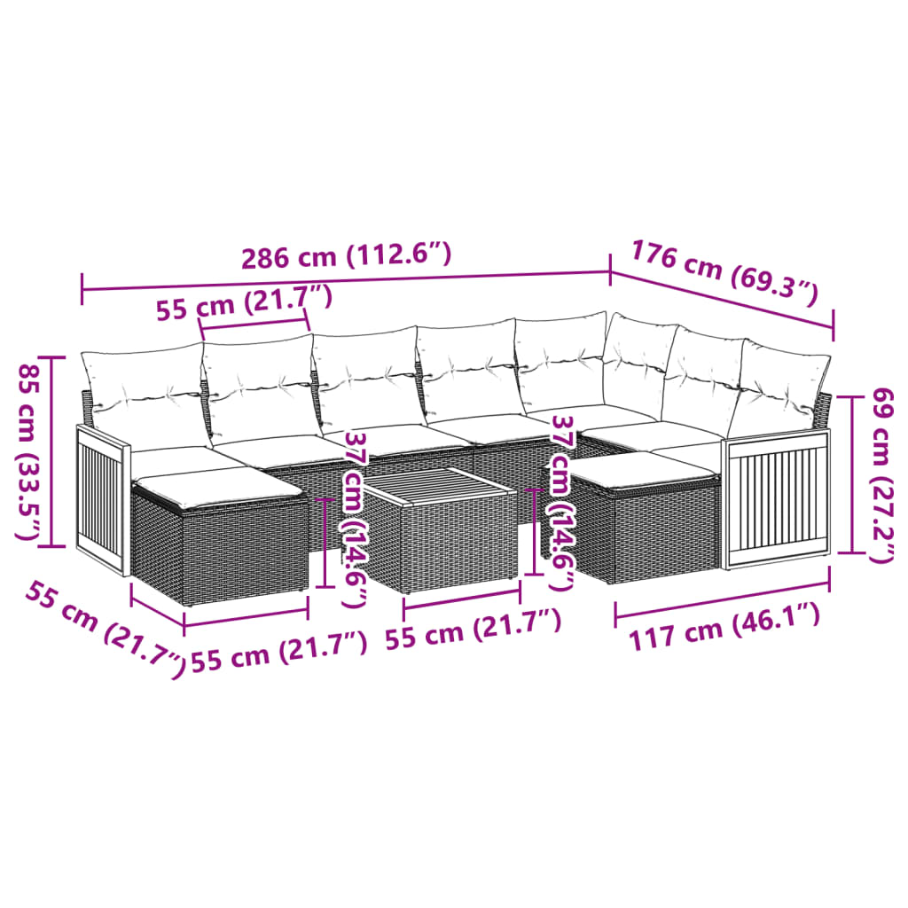 Set mobilier de grădină cu perne, 10 piese, gri, poliratan