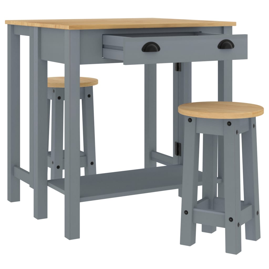 Set mobilier de bar, 3 piese, gri, lemn masiv de pin