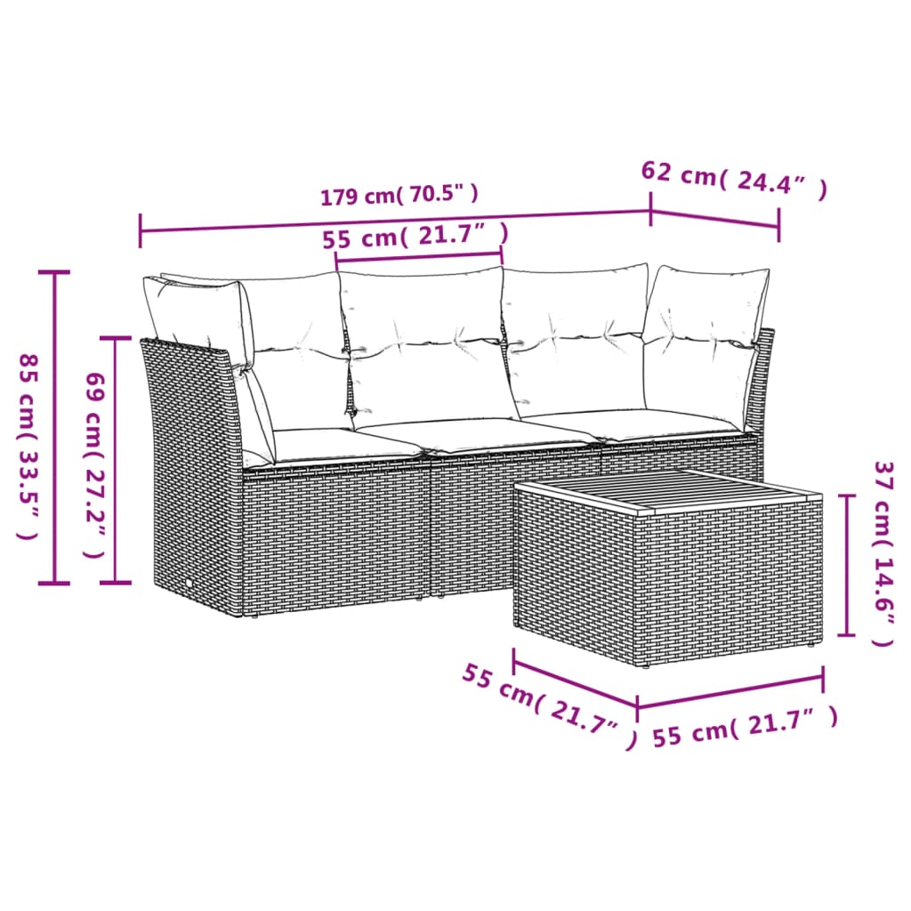 Set canapea de grădină cu perne, 4 piese, gri, poliratan