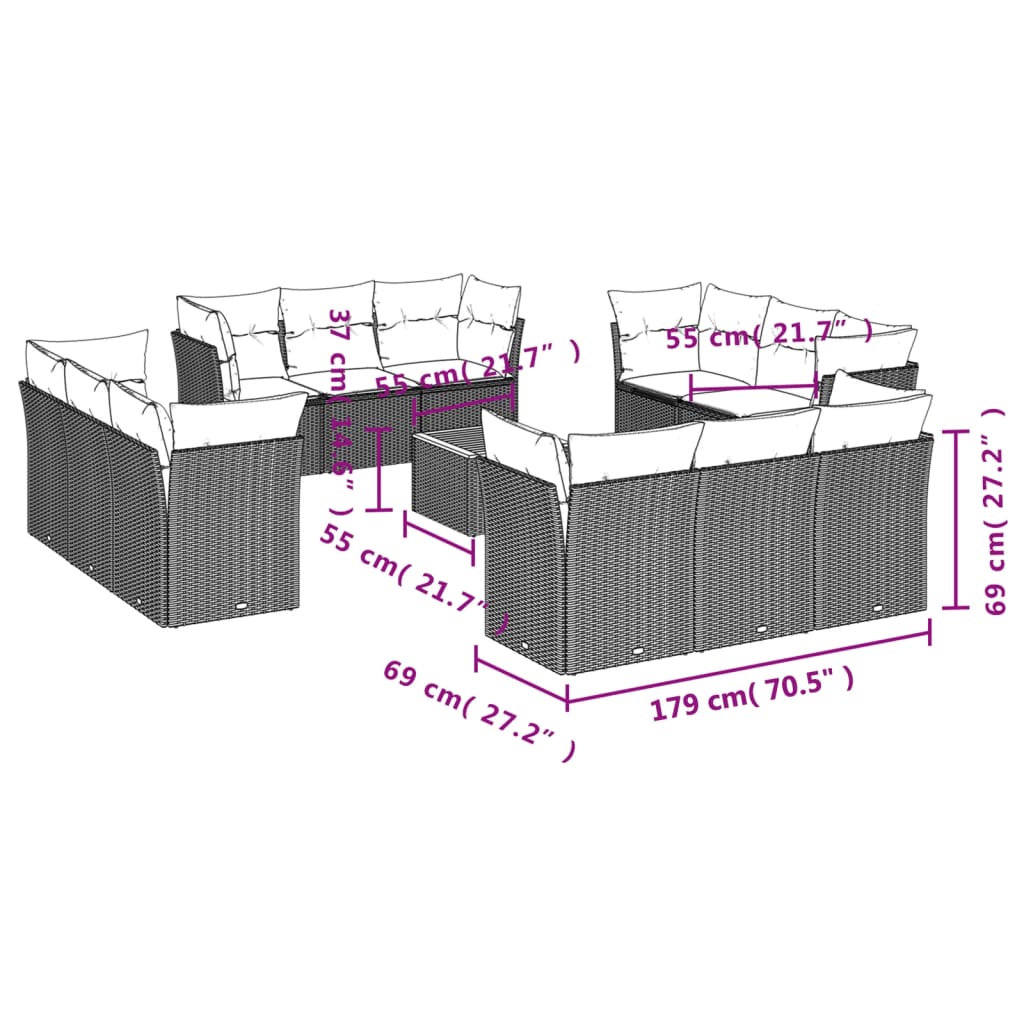 Set mobilier de grădină cu perne, 13 piese, gri, poliratan