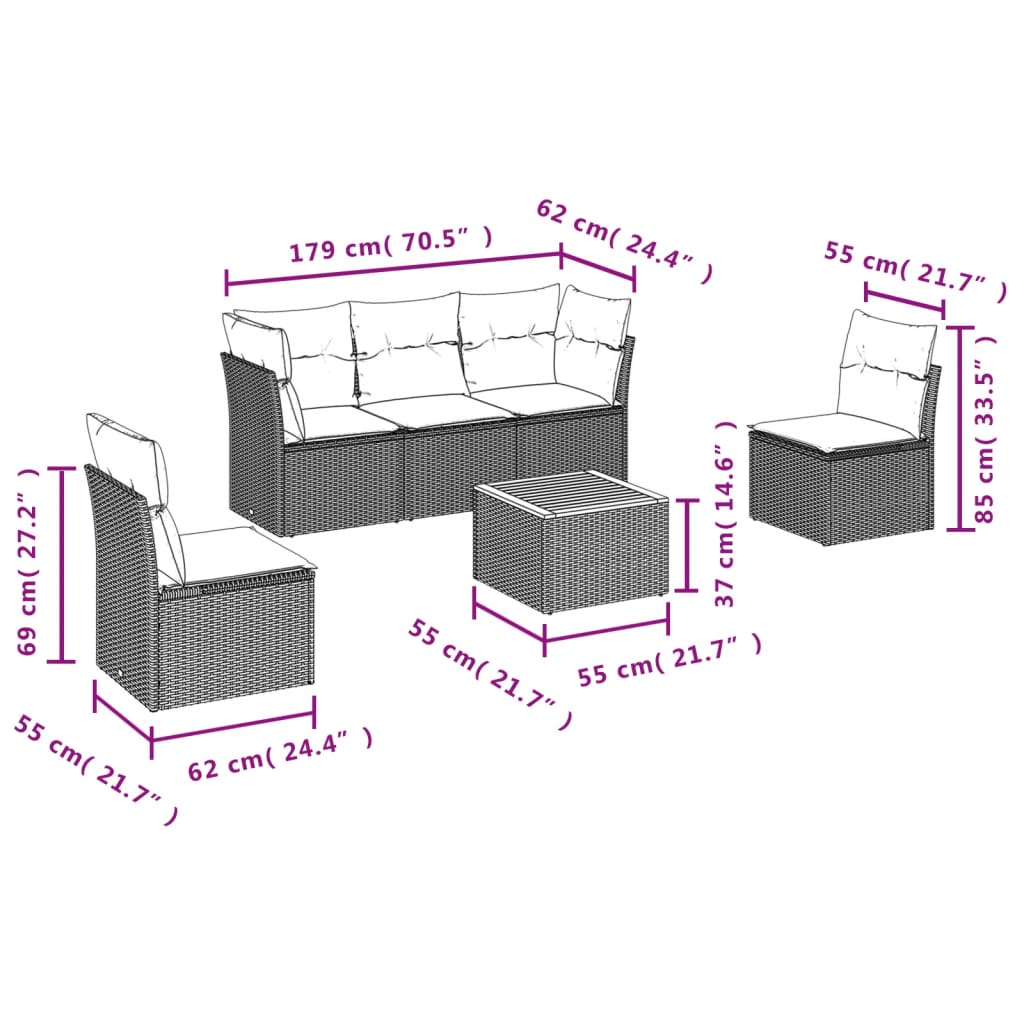 Set mobilier de grădină cu perne, 6 piese, negru, poliratan