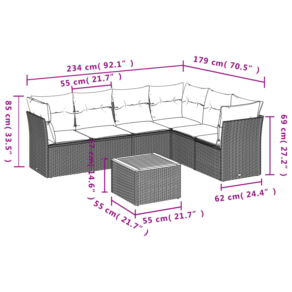 Set canapele de grădină cu perne, 7 piese, negru, poliratan