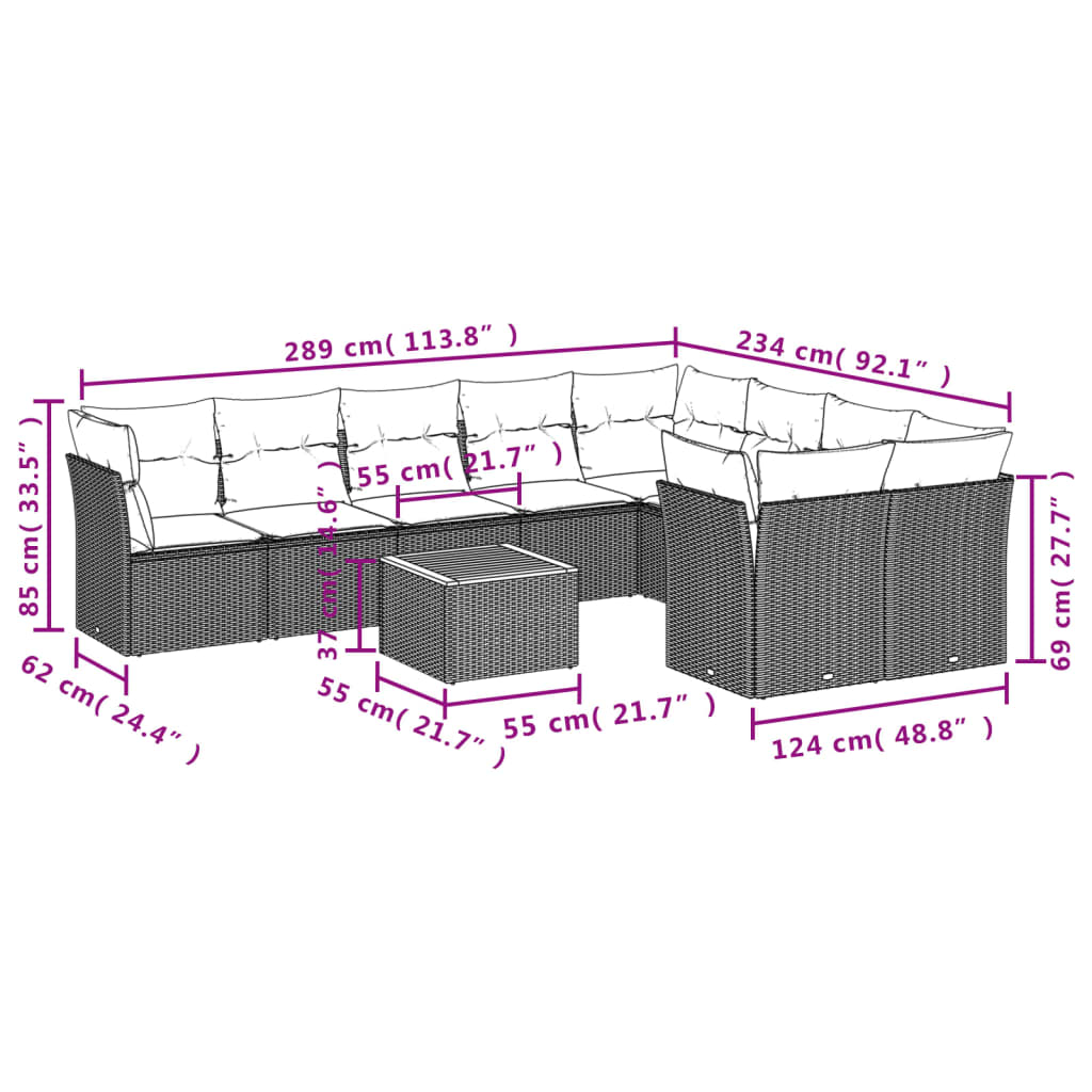 Set canapele de grădină cu perne, 10 piese, negru, poliratan