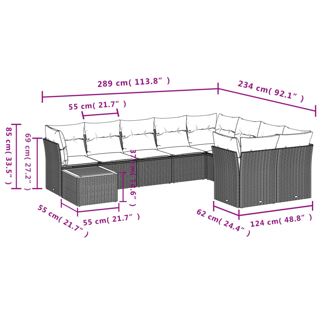 Set mobilier de grădină cu perne, 10 piese, gri, poliratan