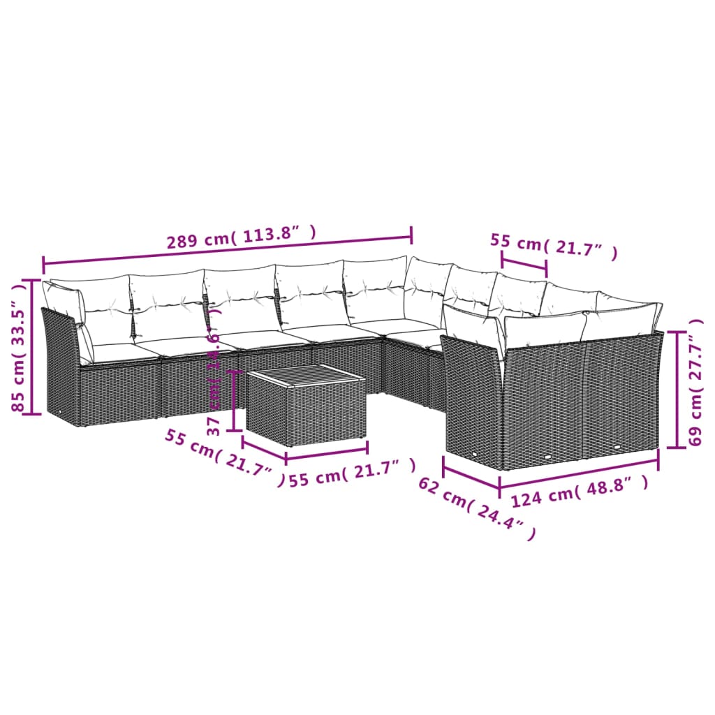 Set canapele de grădină cu perne, 11 piese, negru, poliratan