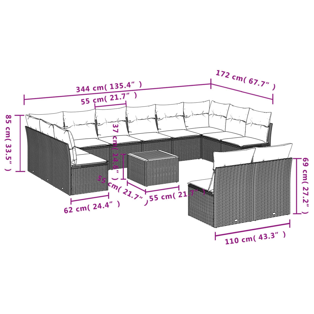 Set mobilier de grădină cu perne, 13 piese, gri, poliratan