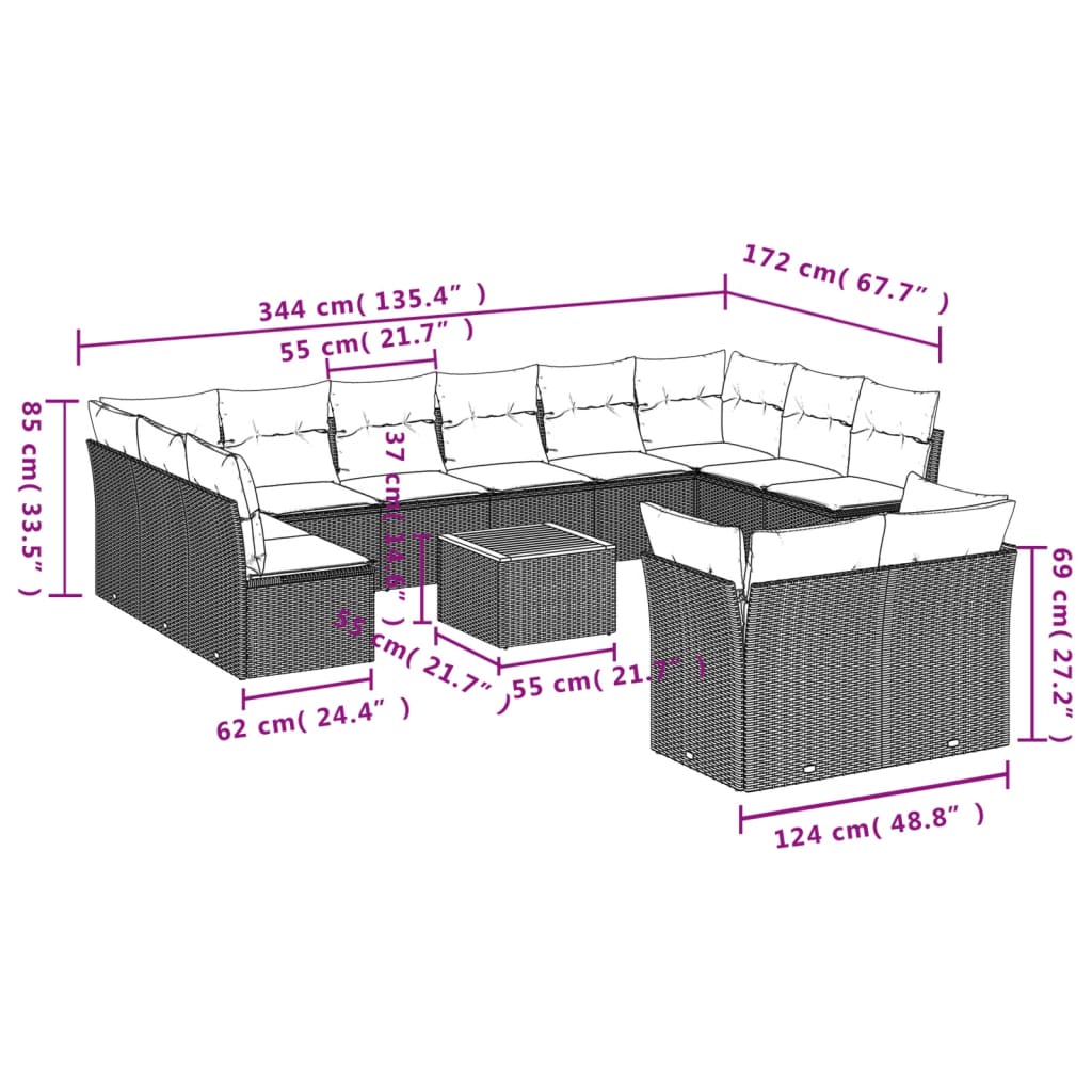 Set mobilier de grădină cu perne, 13 piese, gri, poliratan