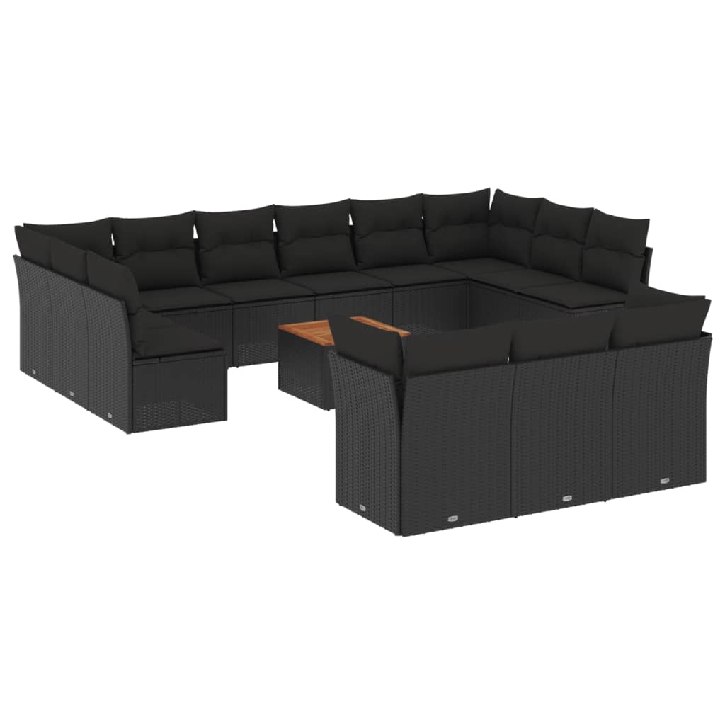 Set mobilier de grădină cu perne, 14 piese, negru, poliratan