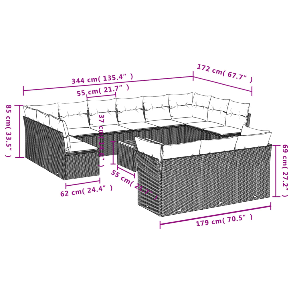 Set mobilier de grădină cu perne, 14 piese, negru, poliratan