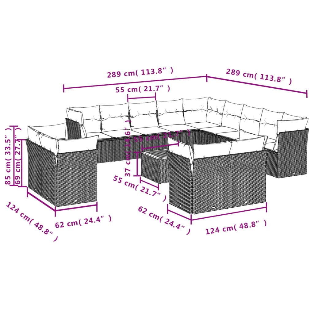 Set mobilier de grădină cu perne, 14 piese, gri, poliratan