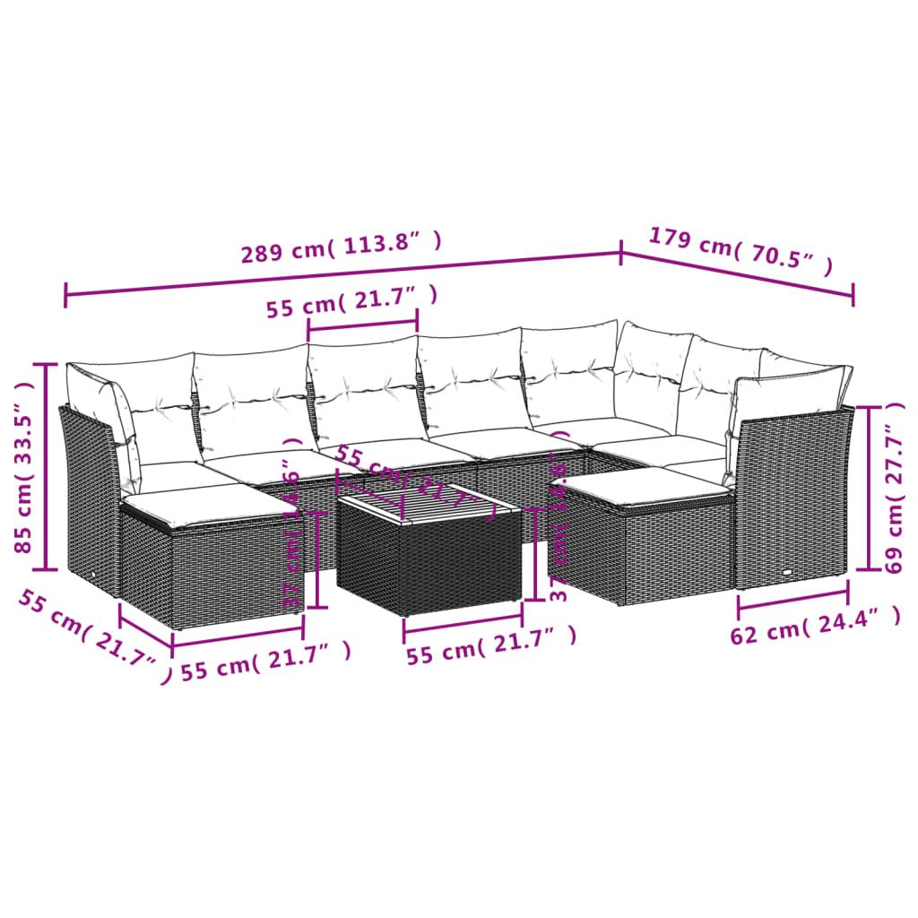 Set mobilier de grădină cu perne, 10 piese, gri, poliratan