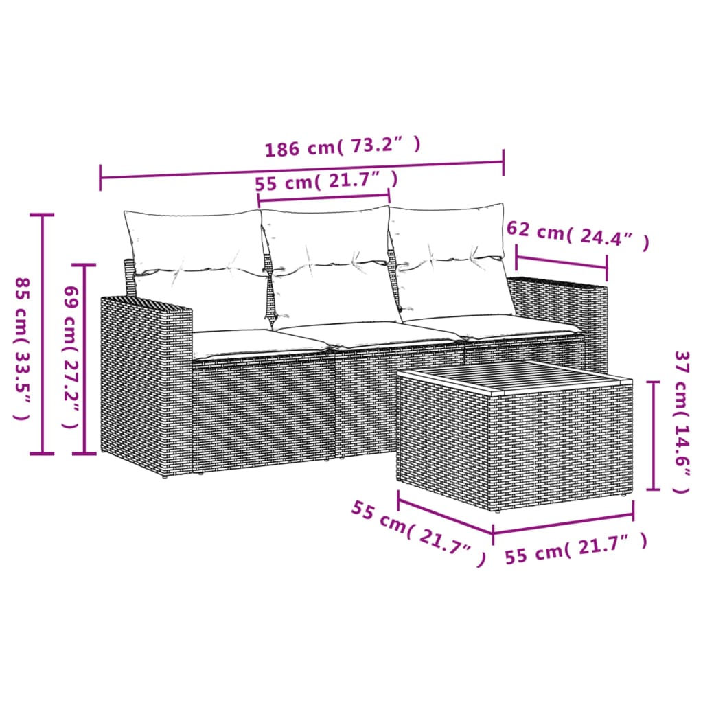 Set canapea de grădină cu perne, 4 piese, gri, poliratan