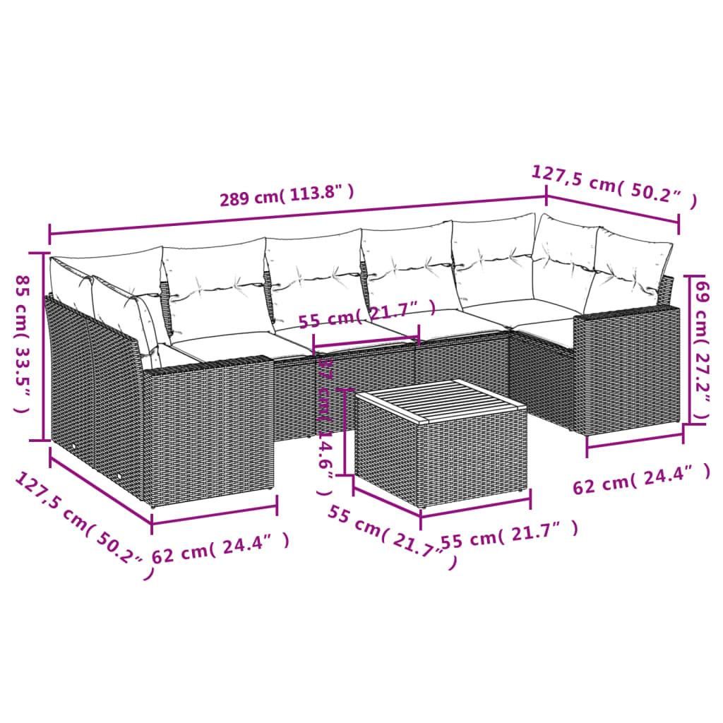 Set mobilier de grădină cu perne, 8 piese, negru, poliratan