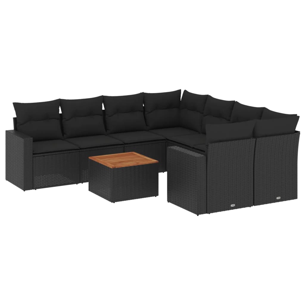 Set mobilier de grădină cu perne, 9 piese, negru, poliratan