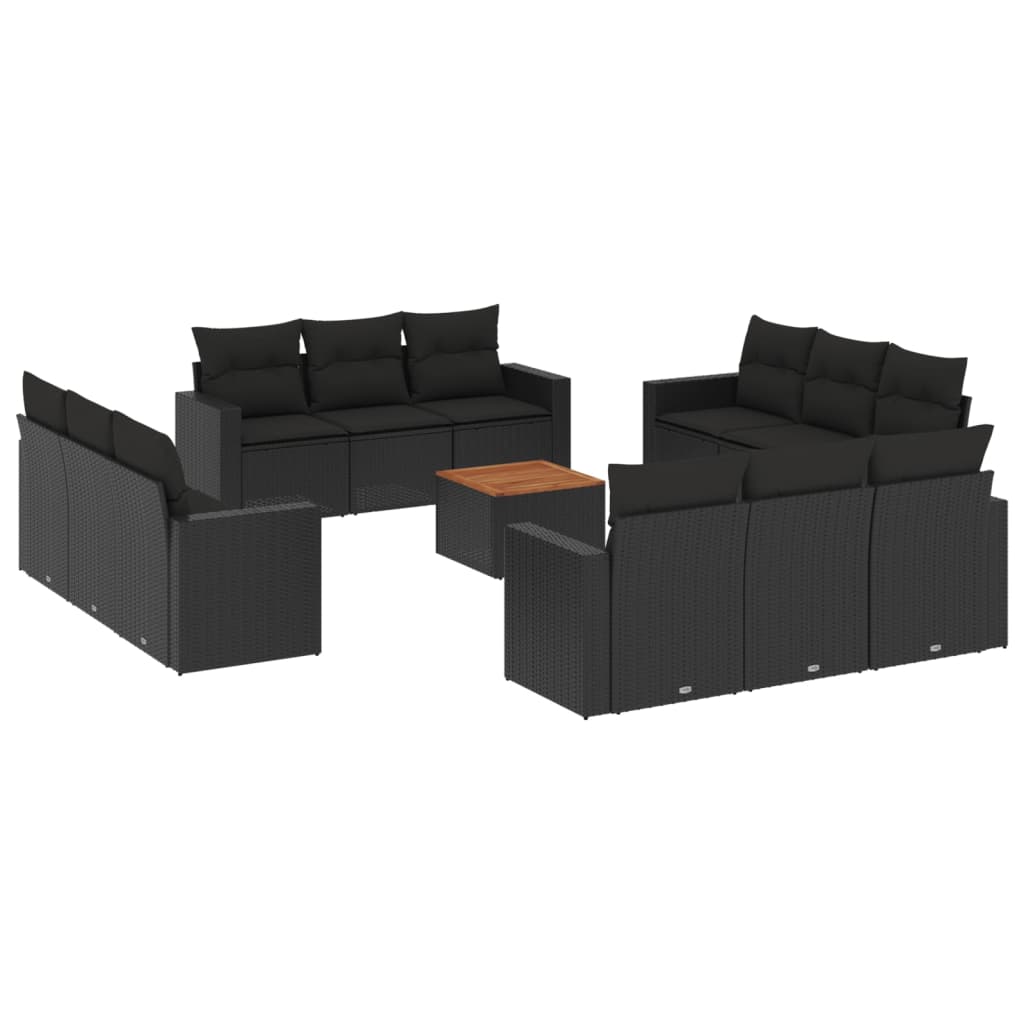 Set mobilier de grădină cu perne, 13 piese, negru, poliratan