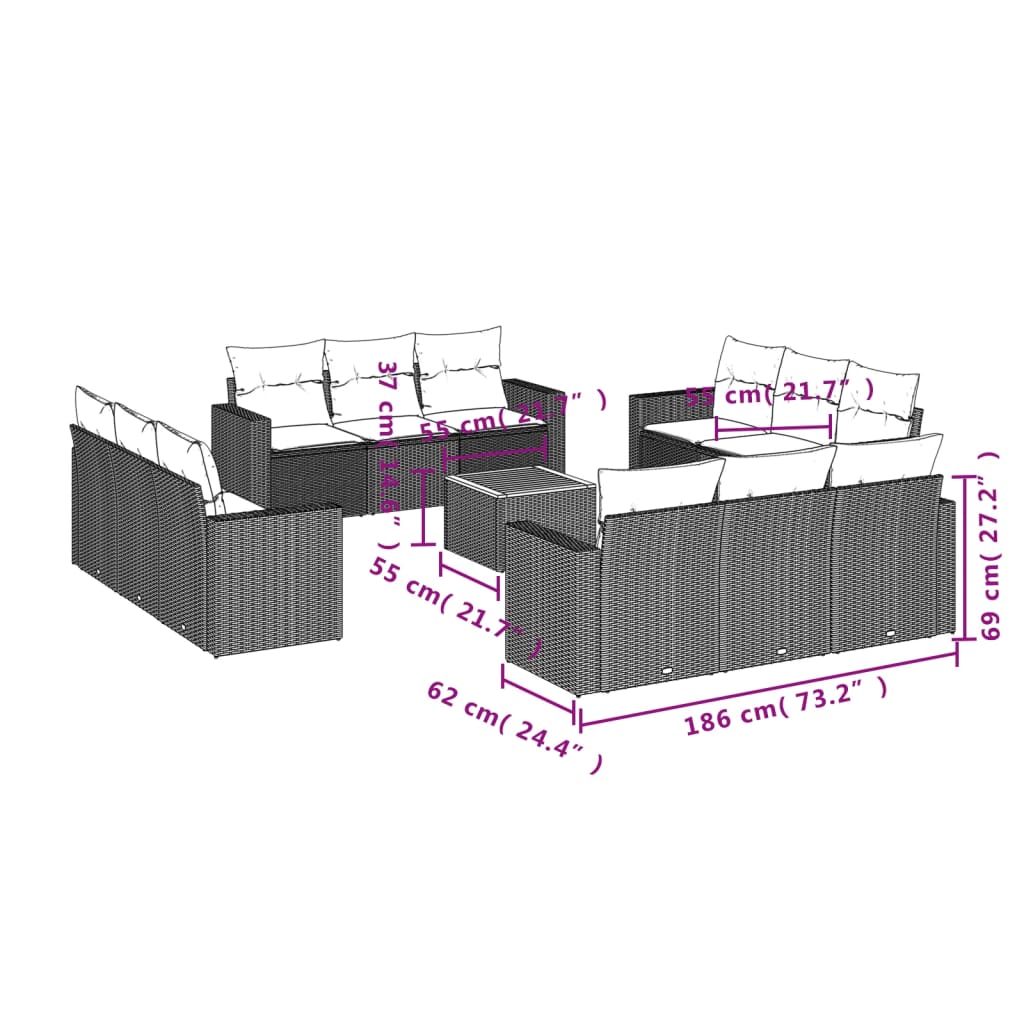 Set mobilier de grădină cu perne, 13 piese, negru, poliratan