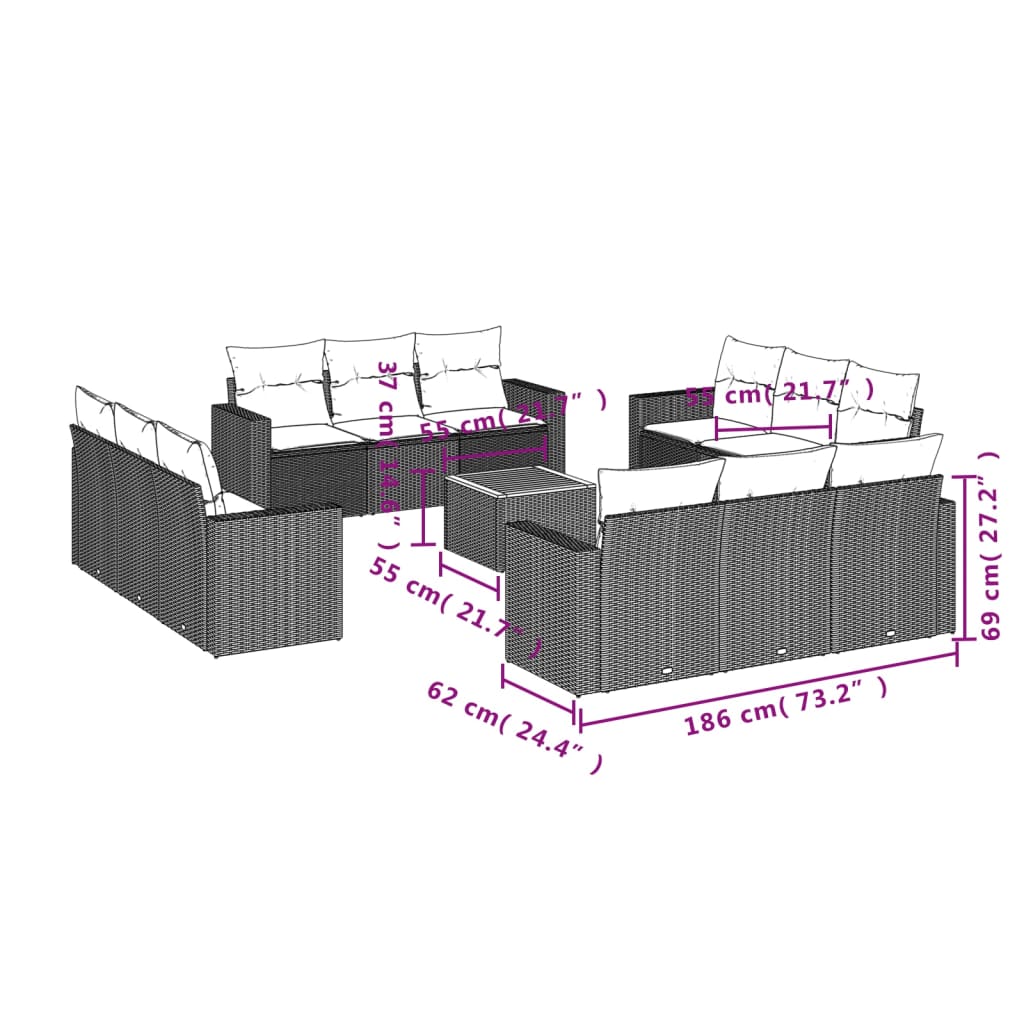 Set mobilier de grădină cu perne, 13 piese, gri, poliratan