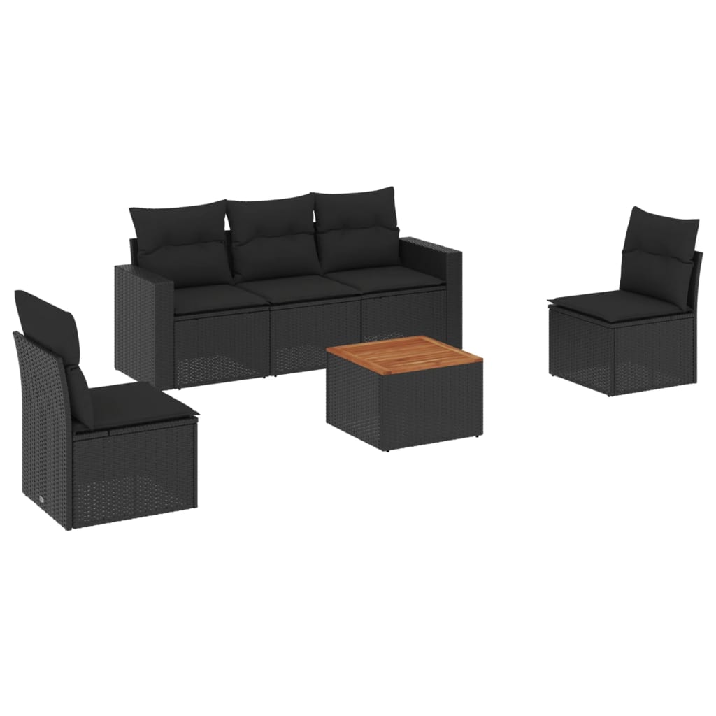 Set mobilier de grădină cu perne, 6 piese, negru, poliratan